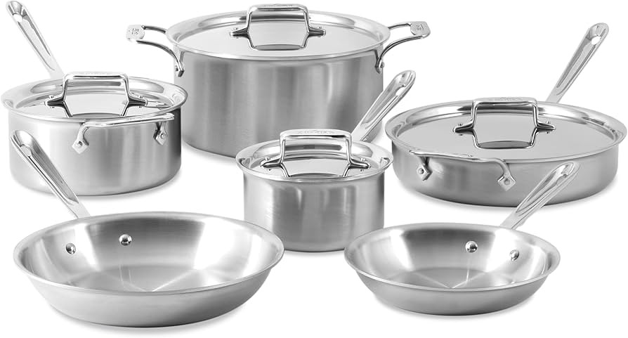 All-Clad D5 Brushed 5 Ply Stainless Steel Cookware Set 10 Piece w/ Frying Pans, Pots and Pans Set... | Amazon (US)