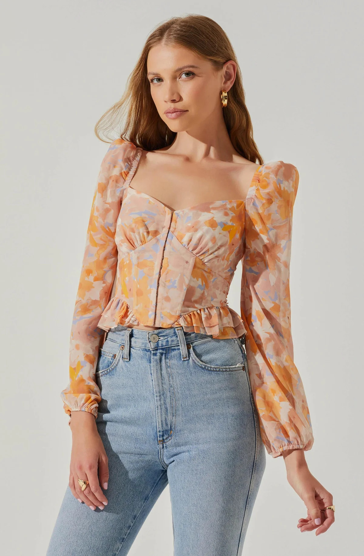 Pridget Floral Corset Puff Sleeve Top - Orange blue floral / M | ASTR The Label (US)