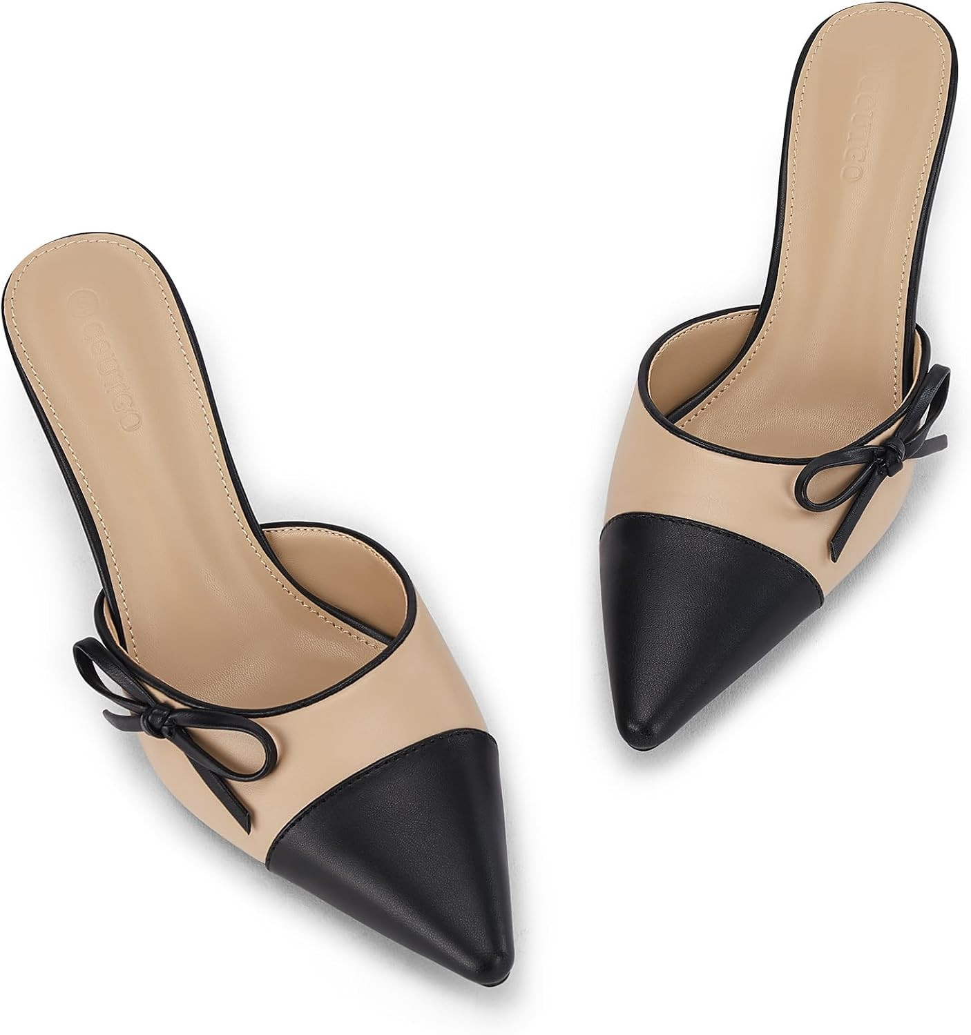Coutgo Womens Kitten Heels Bow Tie Mules Two Tone Closed Pointed Toe Slip On Backless Wedding Dress Shoes Pumps | Amazon (US)