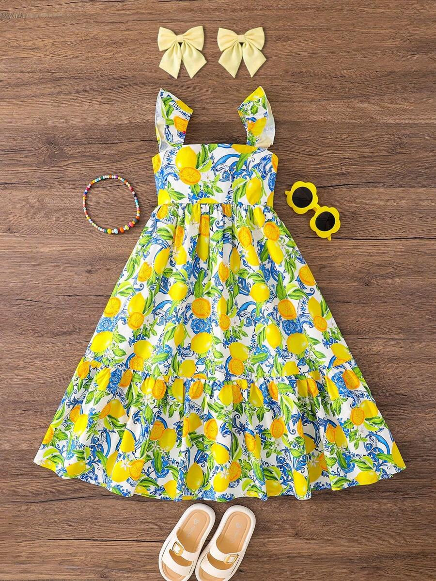 Emery Rose Kids Emery Rose Kids Young Girl Lemon Print Ruffle Sleves Long Dress , Summer Vacation... | SHEIN