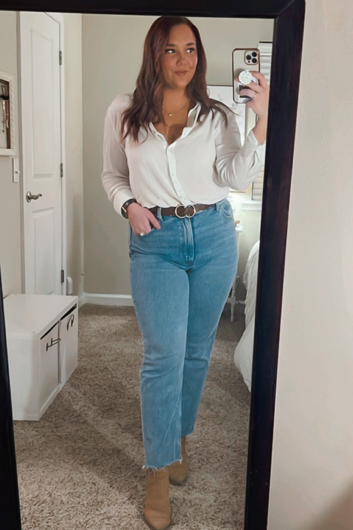 Casual Spring Outfit ✨🤍

• Top: A white button up is the perfect Spring closet staple you’ll want to wear on repeat! Tagged several great options! 
• Jeans: Curve Love Ankle Straight wearing the Medium w/ raw hem in a size 31R. 

Abercrombie denim, Spring closet staples, casual outfits, date night outfit, women’s jeans, midsize style inspo, Spring trends, straight-leg jeans 

#LTKstyletip #LTKSeasonal #LTKSpringSale