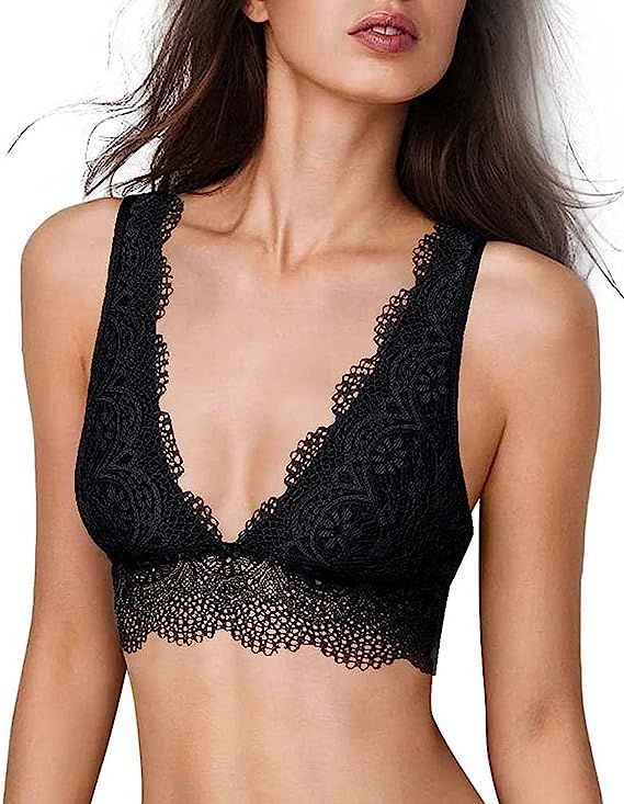 YIANNA Lace Bralette, Women's Deep V Neck Unpadded Lace Long Line Plunge Bralette Bra | Amazon (US)