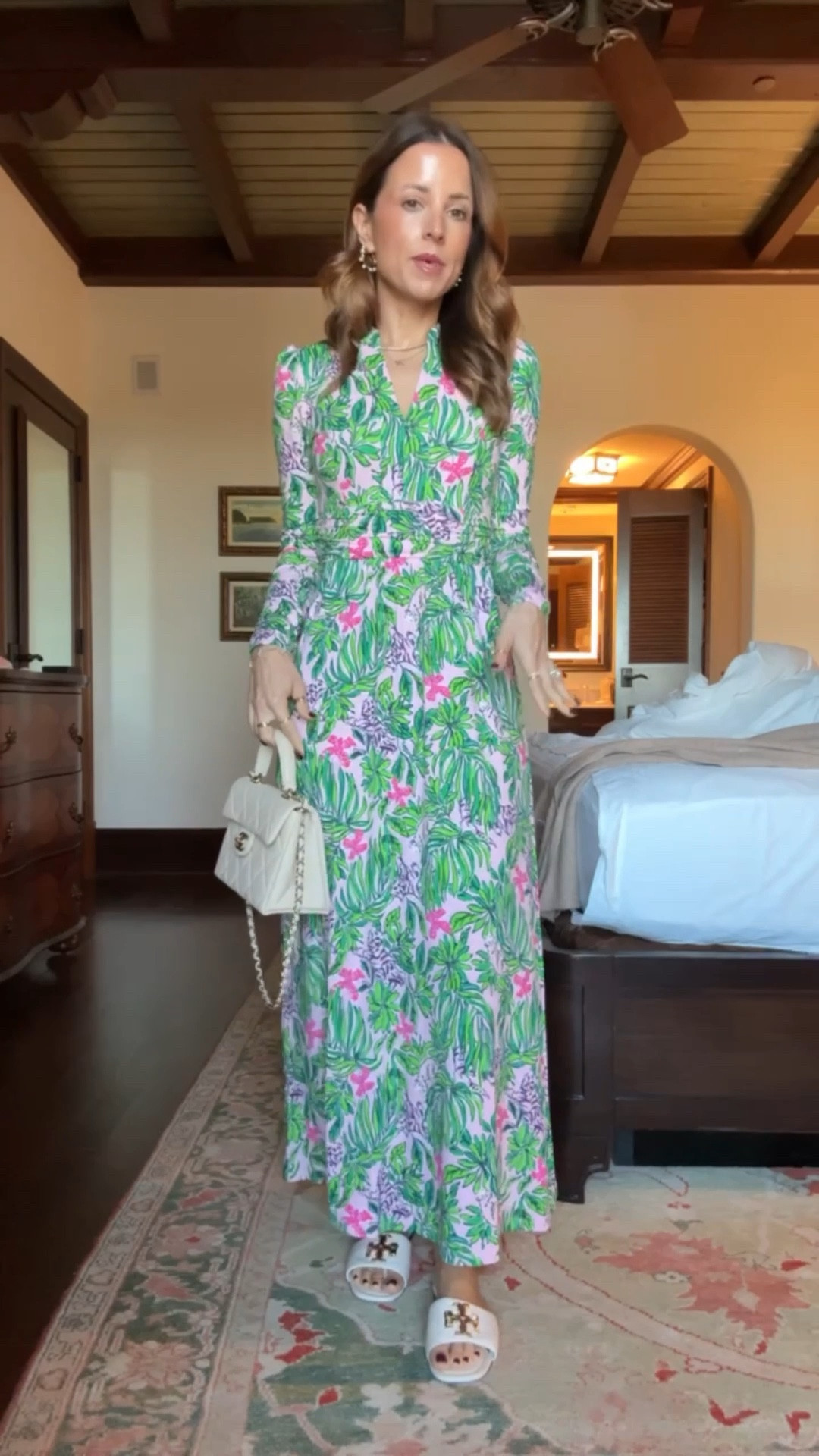Resort wear. Coastal dress. Lilly Pulitzer midi dress in 00 - it’s a maxi length on me. Vacation outfit. Vacation dress. Resort dress. Vacation dress. Tory Burch Eleanor slides - I went up half a size. 


#LTKTravel #LTKootd #LTKgrwm
