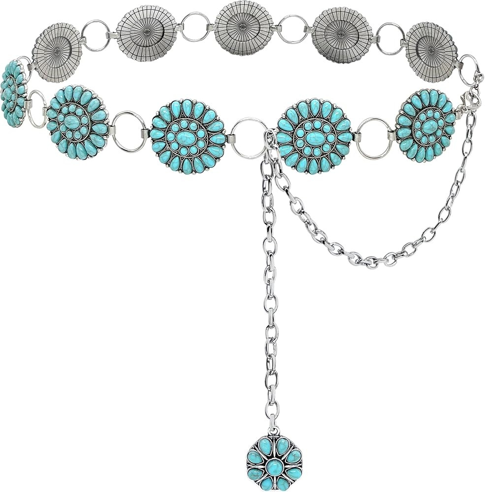 Turquoise Belt Silver Western Chain Belt Cowgirl Concho Belts for Women Dresses and Jeans (D, 47i... | Amazon (US)