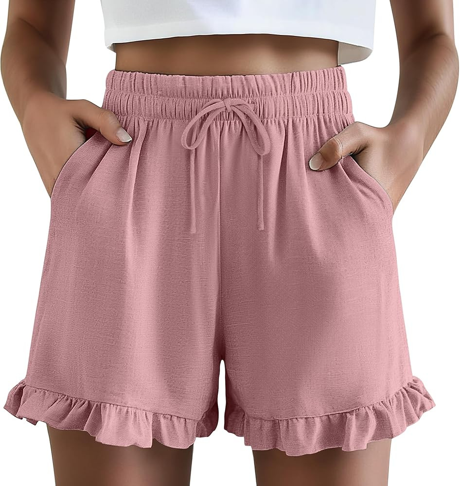Neer Women's Linen Short, Ruffle Casual Summer Short Drawstring Elastic Waist Beach Lightweight C... | Amazon (US)