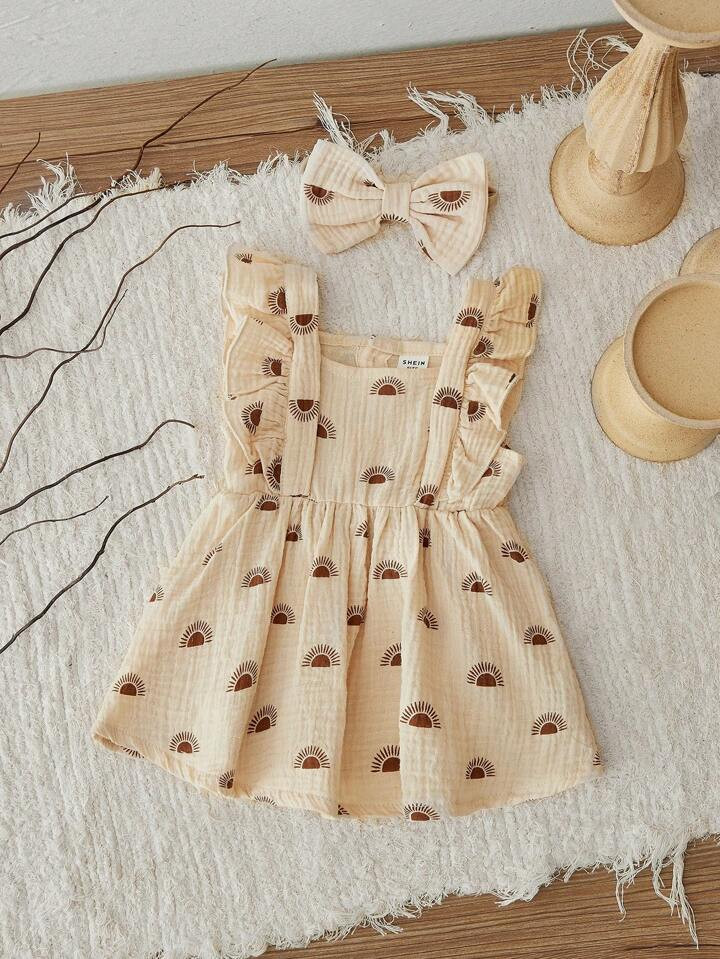 SHEIN Vintaside Kids Baby Girl Newborn Sun Print Ruffle Trim Dress With Headband | SHEIN USA | SHEIN