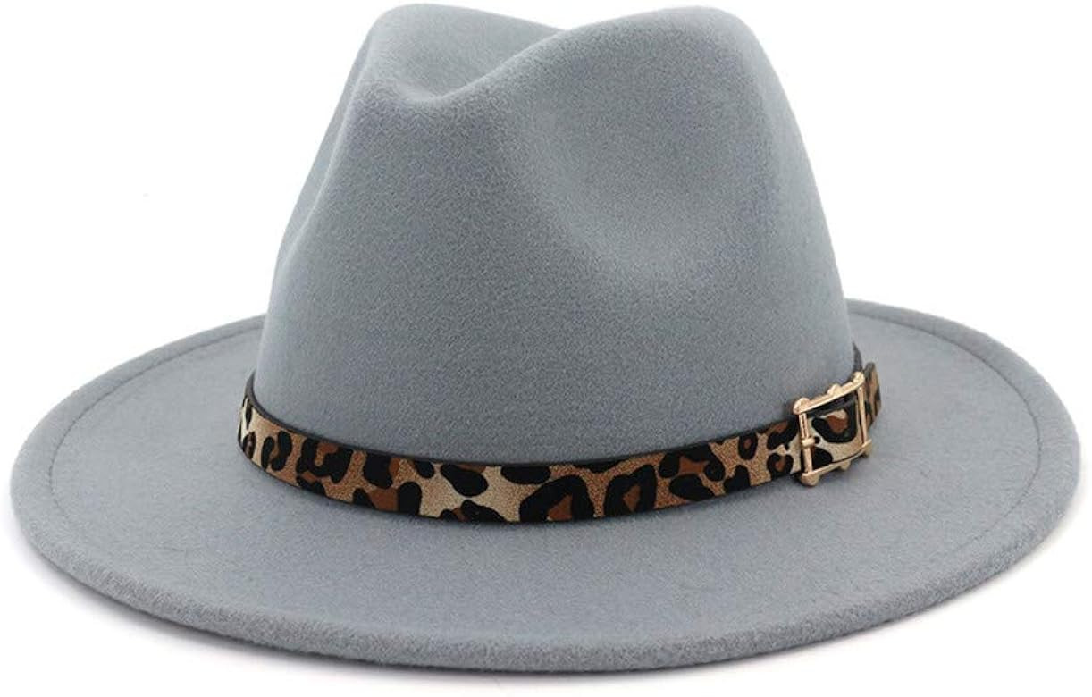 HUDANHUWEI Women's Wide Brim Felt Fedora Panama Hat with Leopard Belt Buckle | Amazon (US)