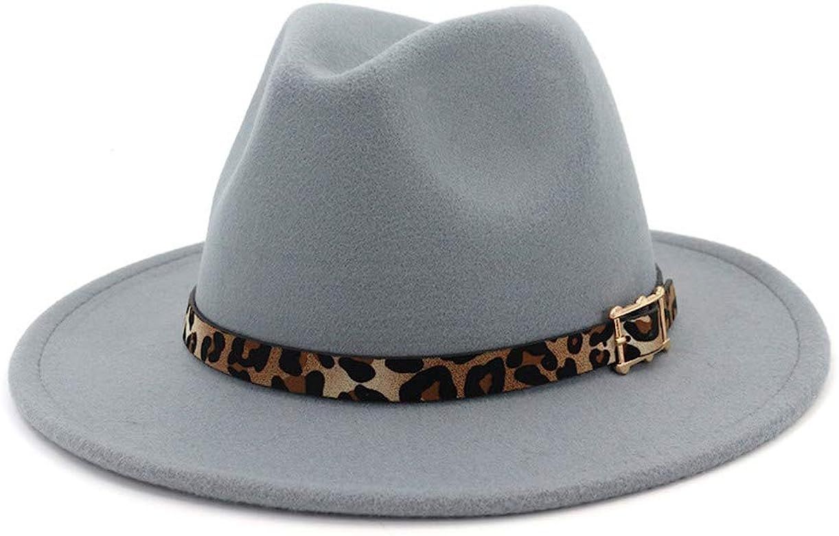 HUDANHUWEI Women's Wide Brim Felt Fedora Panama Hat with Leopard Belt Buckle | Amazon (US)