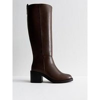 New Look Faux Leather Heeled Knee High Boots - Dark Brown | Very (UK)