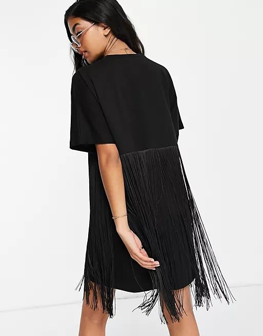 ASOS DESIGN mini t-shirt dress with fringing in black | ASOS (Global)