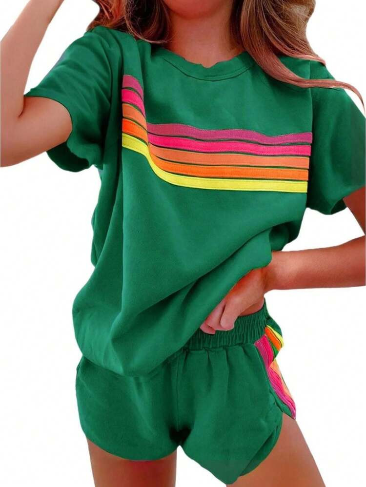 2 Piece Lounge Sets For Women Summer Rainbow Striped Tops Casual Shorts Color Blocked Suit Sweatshirts Set | SHEIN