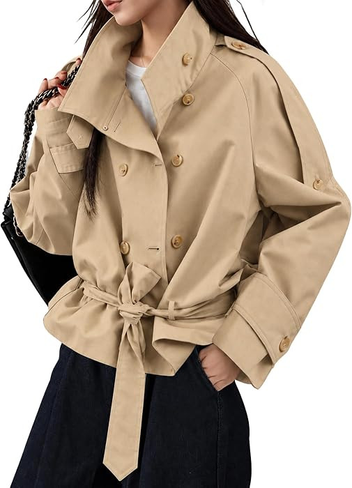 Womens Cropped Trench Coat Oversized Double Breasted Casual Jacket | Amazon (US)