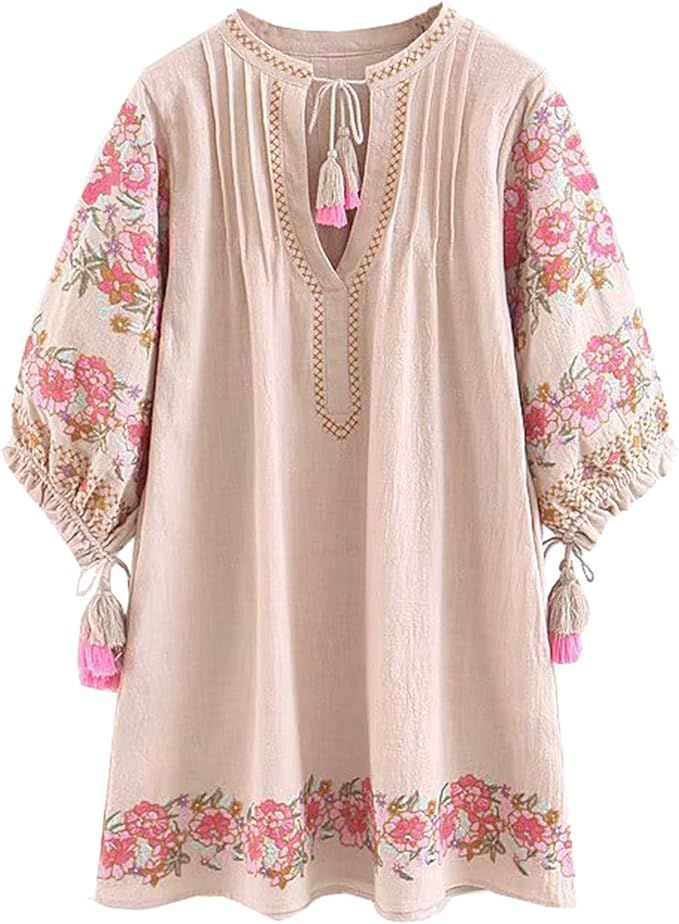R.Vivimos Women's Autumn 3/4 Sleeve Cotton V Neck Floral Embroidery Casual Tunic Dresses | Amazon (US)