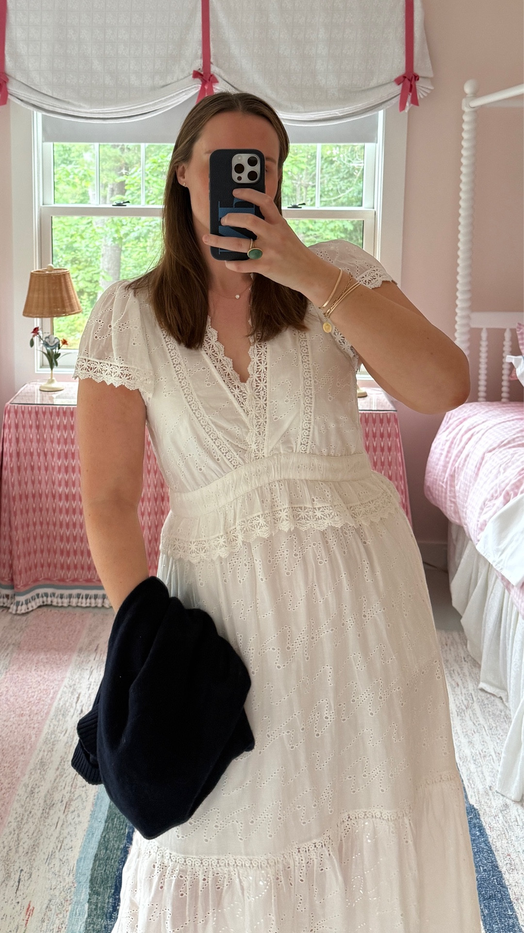 A beautiful white eyelet maxi dress from Me+Em in size 14 is a perfect summer dress to wear in Maine. #midsize #classicstyle 