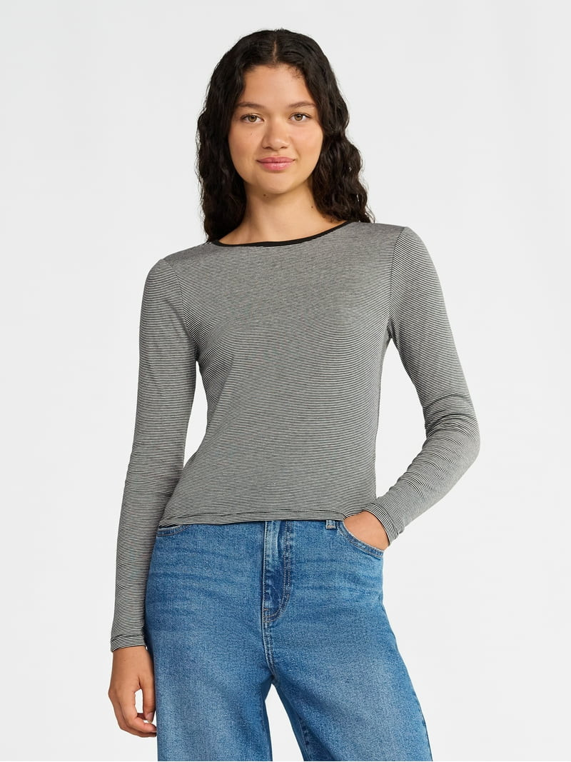 No Boundaries Striped Tee with Long Sleeves, Women's - Walmart.com | Walmart (US)
