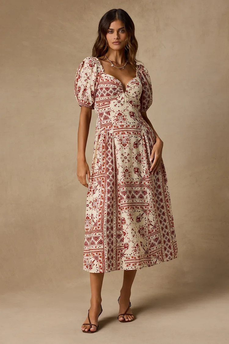 Lucia Cream and Rust Boho Print Midi Dress | Lulus
