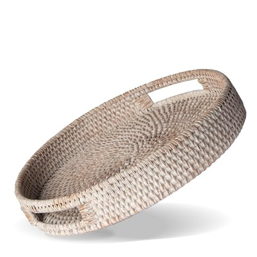12 inch. Round Rattan Serving Tray - Modern Woven Tray w/Handles for Dining Table, Livingroom, Patio Decor - Stylish Rattan Tray for Serving Fruits, Breakfast - Ideal for Coffee Table (Medium) | Amazon (US)