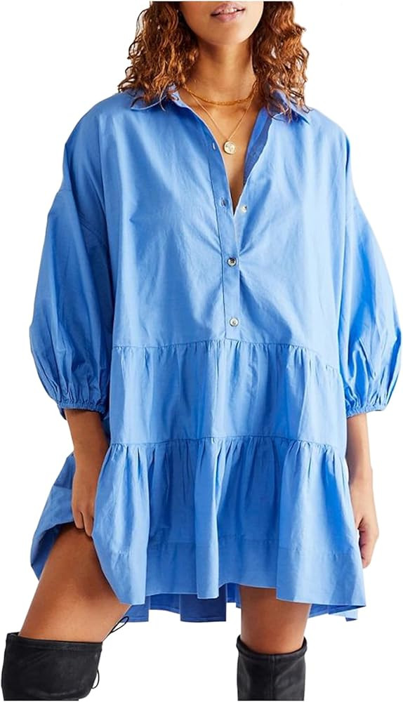Women's Summer Cute Babydoll Mini Dress Puff Sleeve Flowy Tiered Tunic Short Dress Button Down Sh... | Amazon (US)