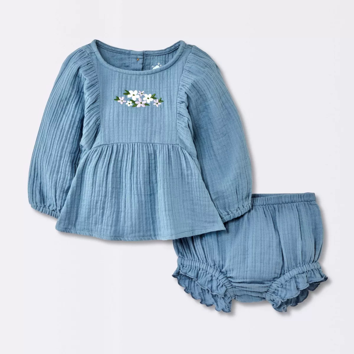 Baby Girls' 2pc Embroidered Floral Gauze Top & Bottom Set - Cloud Island™ Blue | Target