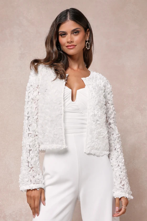 Gorgeous Poise White 3D Floral Cropped Shrug Jacket | Lulus