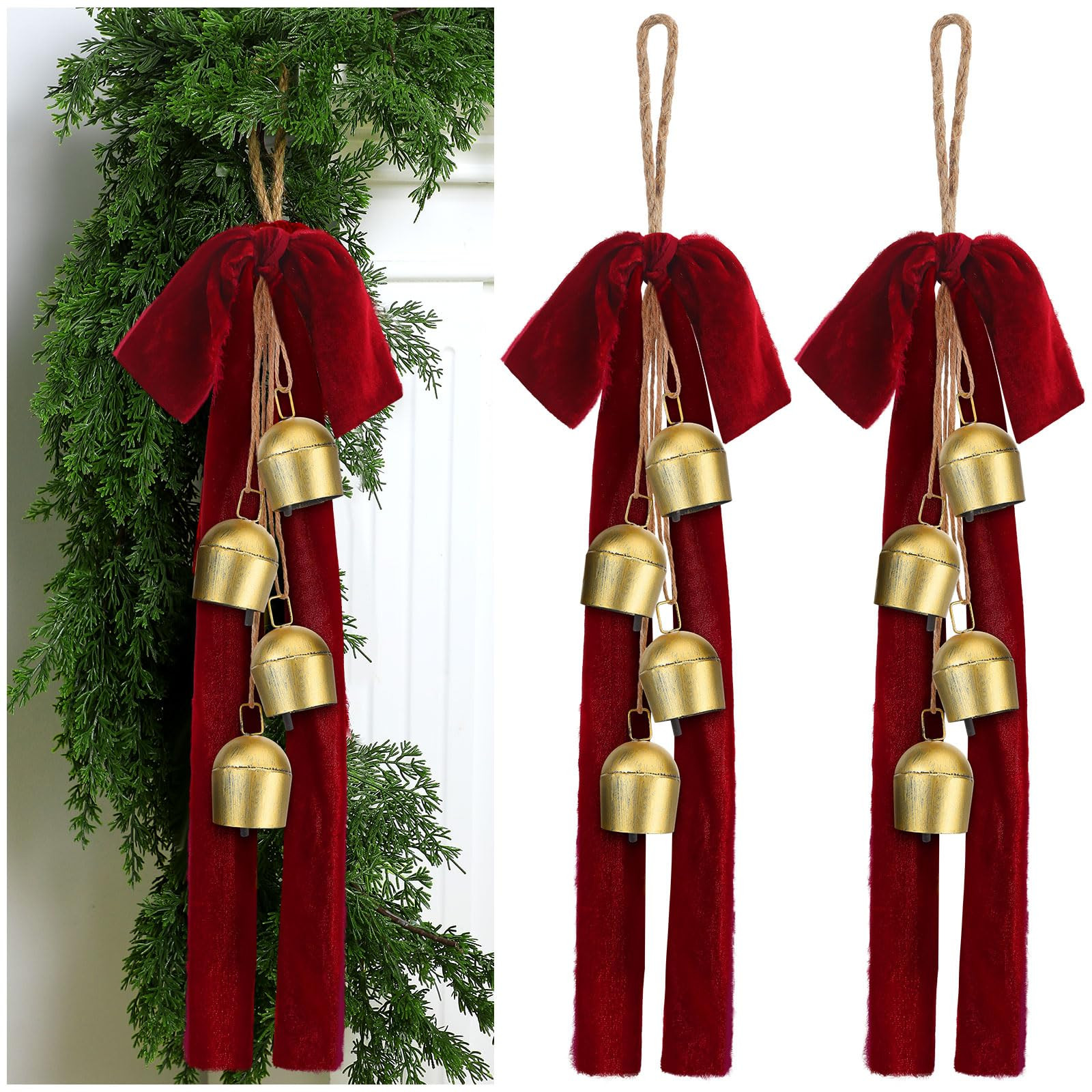 Moxweyeni 2 Sets Christmas Cow Bells with Velvet Bow 18.5 Inch Vintage Bells with Jute Hanging Ro... | Amazon (US)