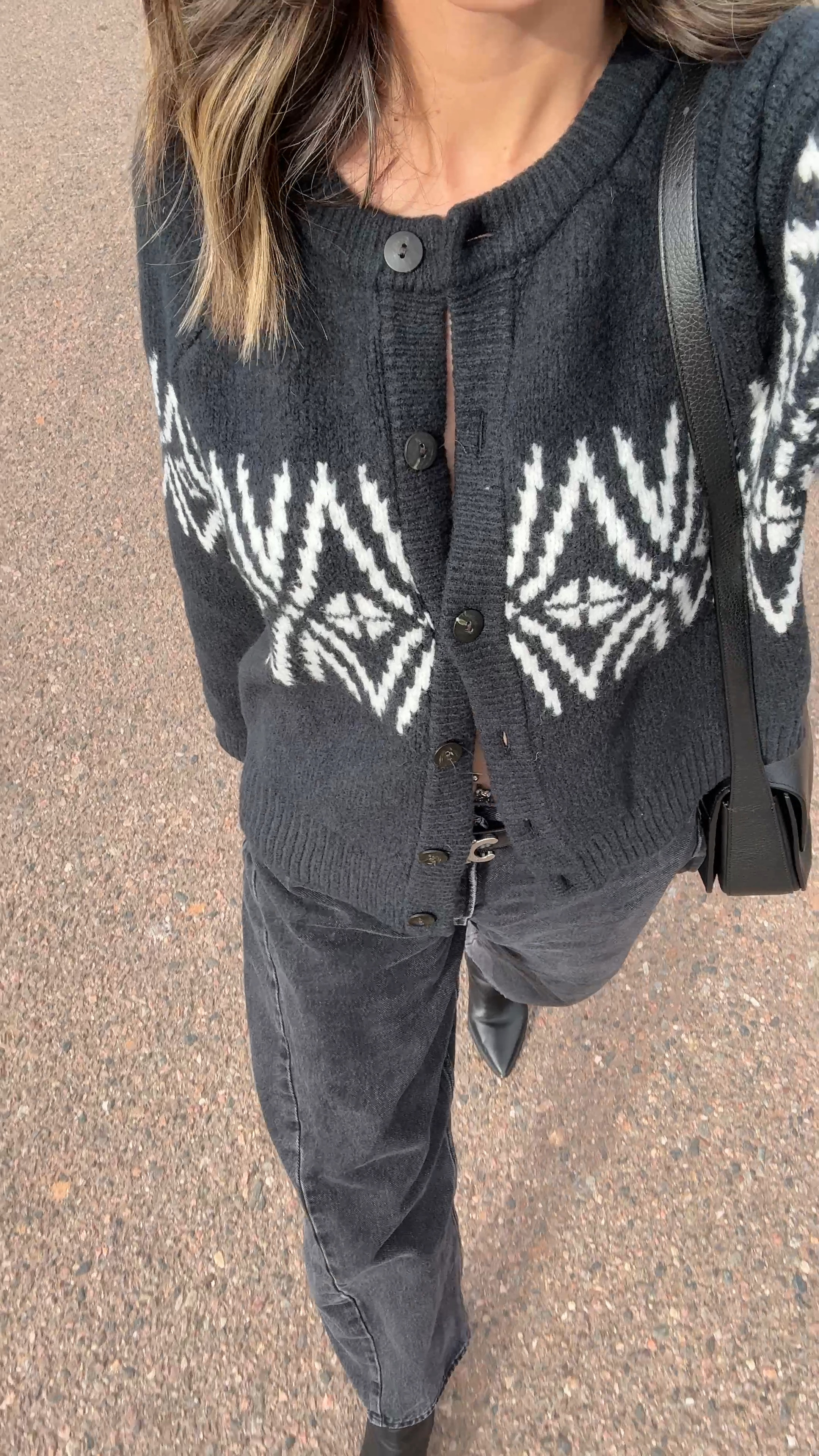 What I wore shopping 🖤 Love this festive cardigan that I wore as a top, styled with the barrel jeans I have on high rotation. Both my cardigan and jeans are on sale! This crossbody bag is perfect for shopping and traveling. It has so many compartments inside for organization and storage. Would be a chic last minute gift for her. 

Shopping outfit, holiday outfit, Abercrombie, sale, gift for her, The Stylizt 

#LTKFindsUnder100 #LTKSaleAlert #LTKGiftGuide