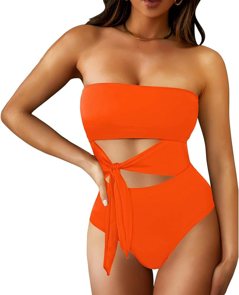 Viottiset Women's Bandeau One Piece Swimsuit Strapless Tie High Cut Out Bathing Suit | Amazon (US)