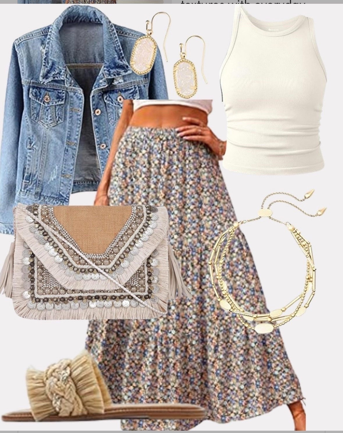 This effortlessly stylish look combines boho textures with everyday essentials. The floral maxi skirt brings flow and femininity, paired perfectly with a fitted white tank and a classic denim jacket. Woven sandals and a fringed embellished clutch complete the laid-back, luxe vibe. Add in statement gold earrings and layered necklaces for just the right touch of glam. Perfect for brunch, market strolls, or vacation exploring