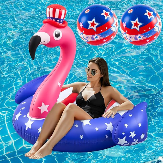 4th of July Flamingo Pool Float with 2 Beach Balls, 45'' Giant Patriotic Floaties Swimming Tube f... | Amazon (US)