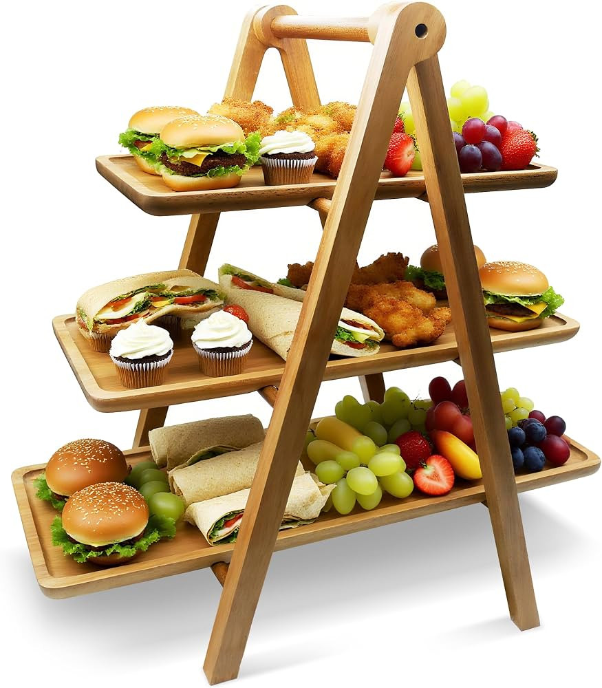 Acacia Wood 3 Tier Foldable Serving Tray – Rectangular Farmhouse Stand for Charcuterie Board, C... | Amazon (US)