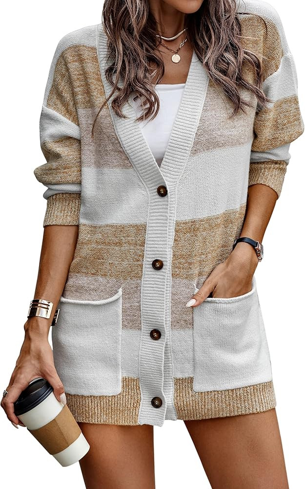 ECOWISH Cardigan for Women Color Block Long Sleeve Cardigan Sweaters Button Down Loose Knitted Sweat | Amazon (US)