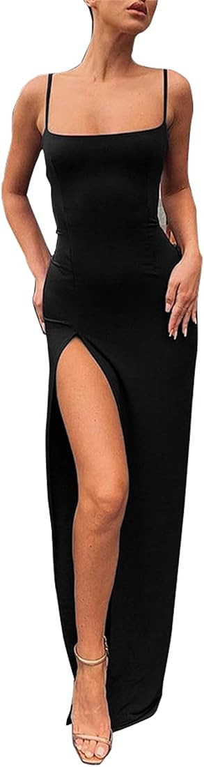 PRIMODA Women's Spaghetti Strap Backless Thigh-high Slit Bodycon Maxi Long Dress Club Party Dress | Amazon (US)