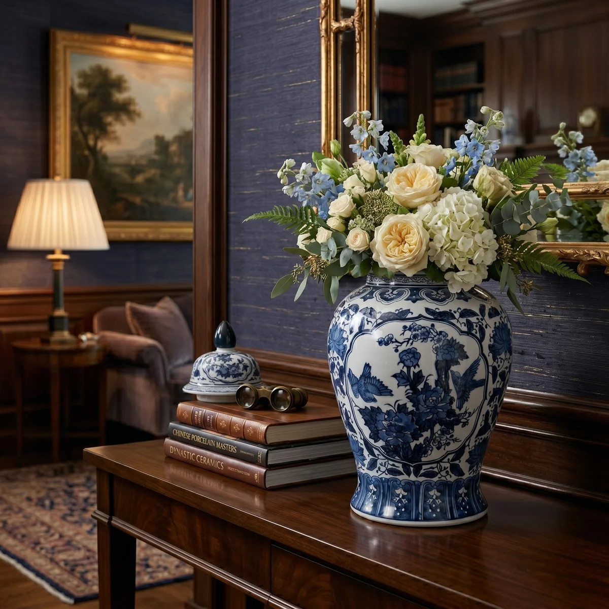 18" Ceramic Temple Jar Blue and White Chinoiserie Floral Design Contemporary Decorative Jar | Wayfair North America
