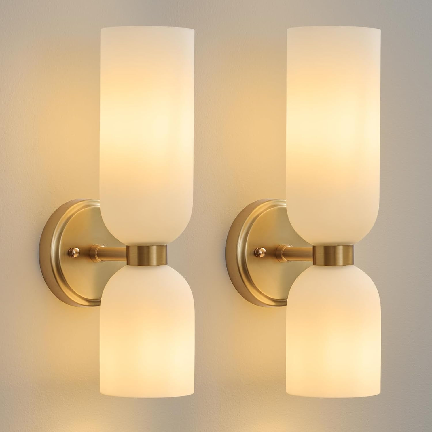 Mid Century Bathroom Wall Sconce - Set of 2 Modern Brushed Gold Brass Sconces - Frosted Milk Whit... | Amazon (US)