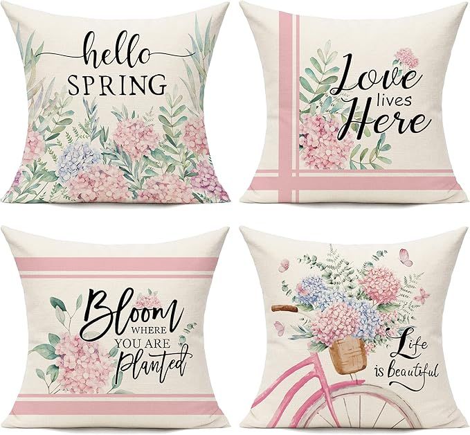 VAKADO Pink Outdoor Throw Pillow Covers 16x16 Set of 4 Cases Spring Outside Home Decoration Patio... | Amazon (US)