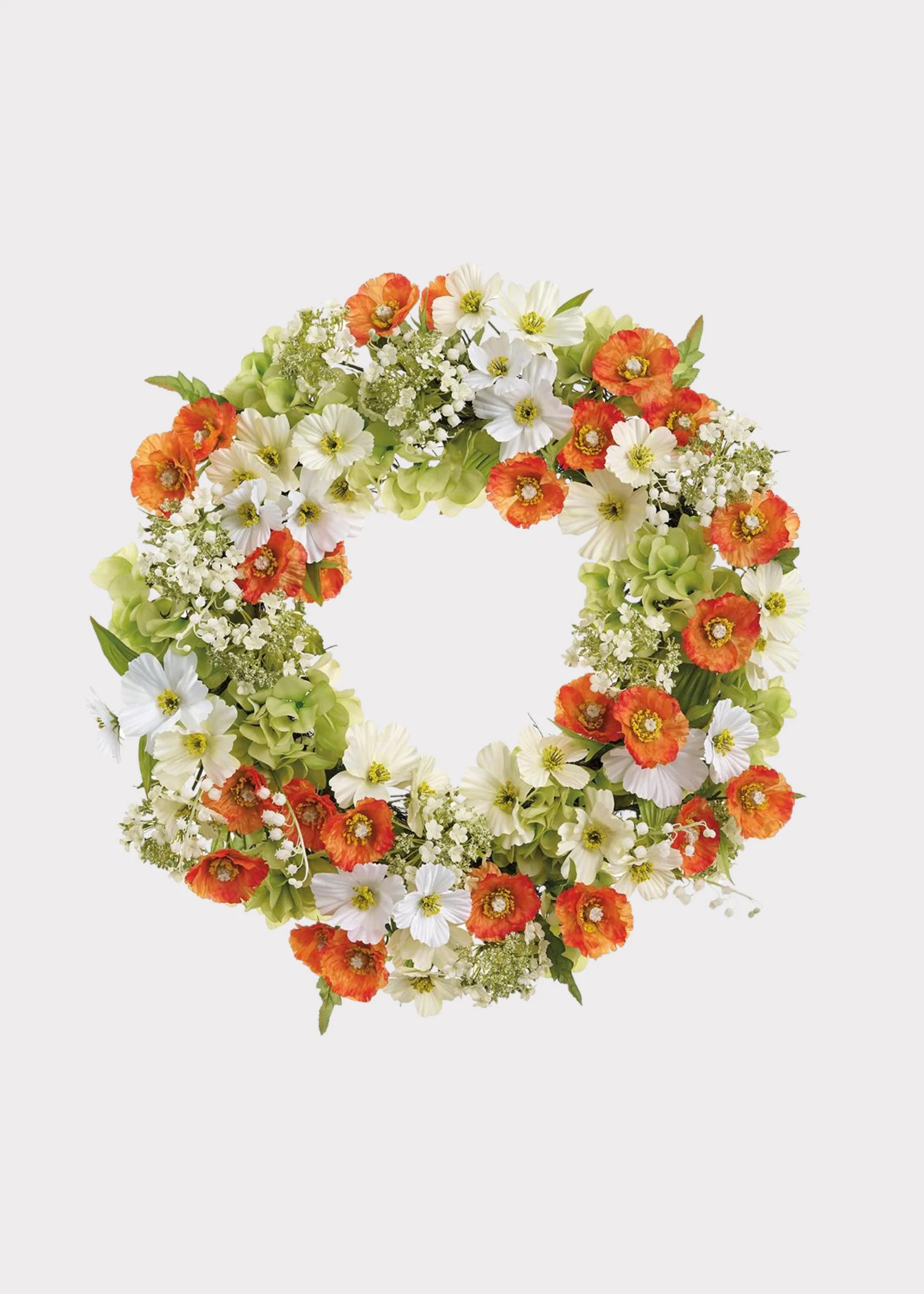 Orange and White Fake Poppy Wreath with Snowball Flowers - 24" | Afloral