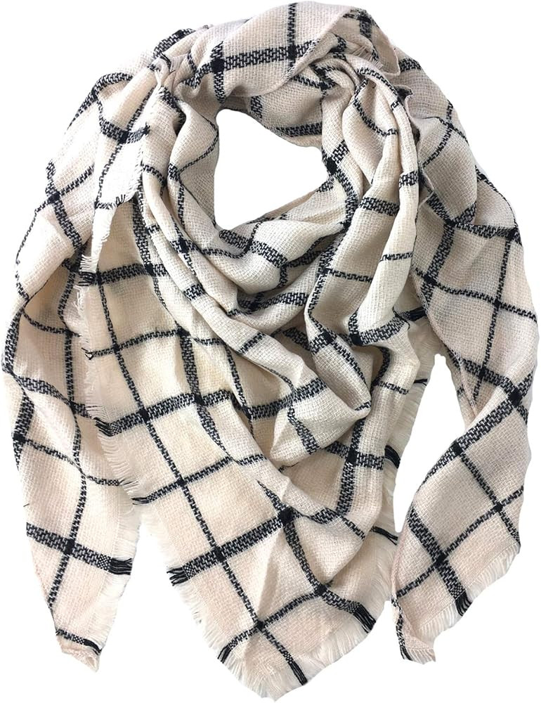 Windowpane Check Blanket Scarf, Cream Black Oversized Square Shawl for Women, 64x64 Soft Knit Win... | Amazon (US)