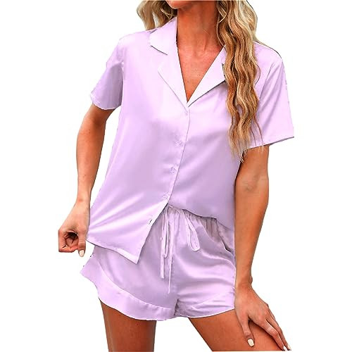 OusiEdisie Lounge Shorts Set for Women, Silky Satin Pajamas Short Sleeve Sleepwear, Casual Nightwear, Soft Pjs, Lilac, XL | Amazon (US)