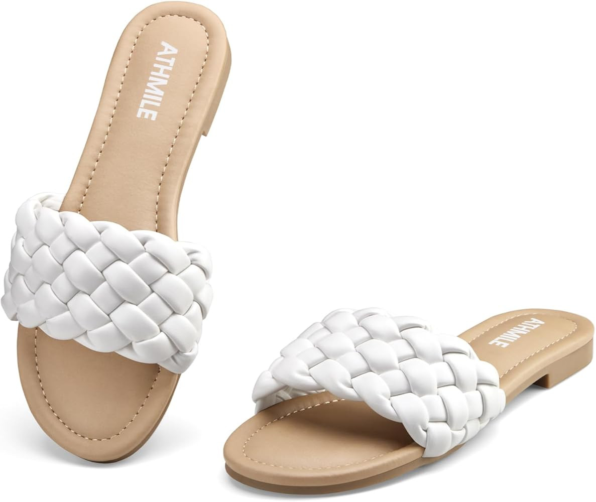 ATHMILE Sandals Women Dressy Summer Flat Comfortable Fashion Beach Cute Ladies Slides Leather Cas... | Amazon (US)