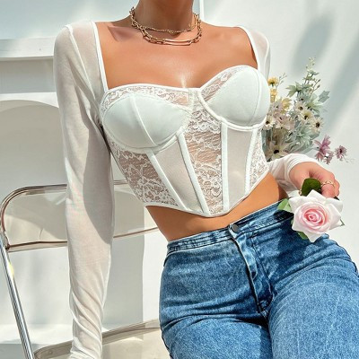 Women's Sheer MeshLace Long Sleeve Top Square Neck Fishbone Corset Bustier Shirt Cropped Blouse,M,White | Target