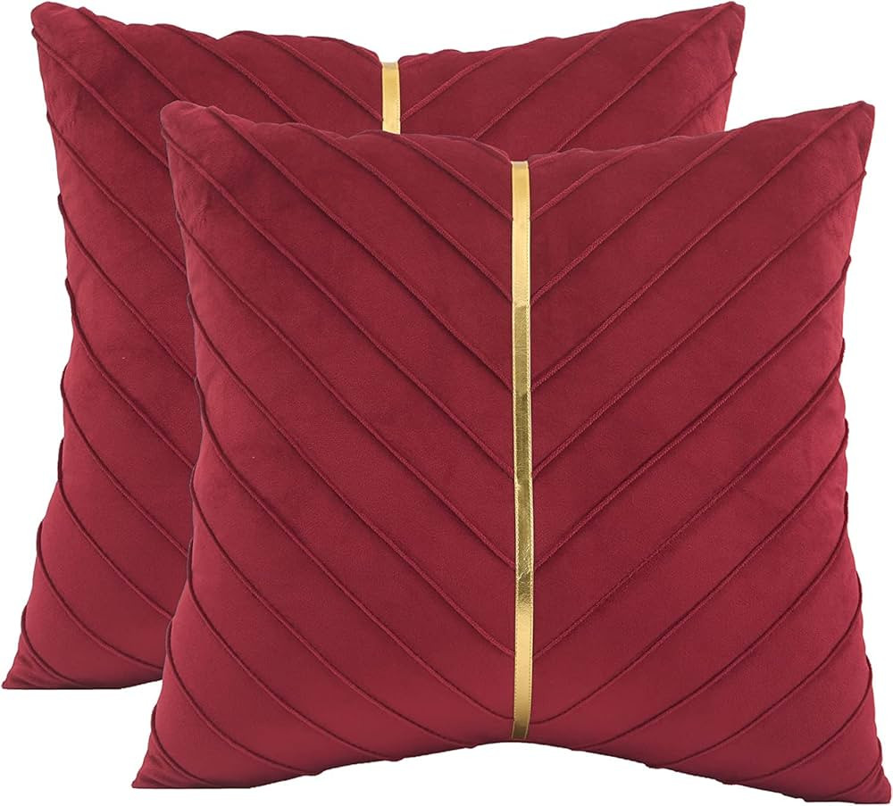 Tosleo Christmas Red Velvet Throw Pillow Covers 22x22 inch Pack of 2 with Gold Leather Valentine'... | Amazon (US)