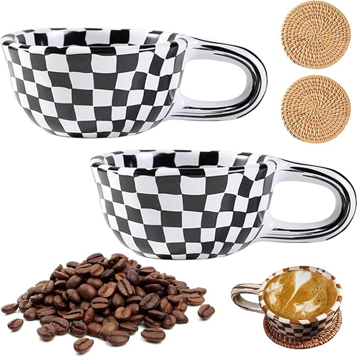 Brown Checkered Coffee Mug, 2PCS, 199.98ml, Ceramic, Chic, Reusable, Cylindrical, Holiday, Chessb... | Amazon (US)