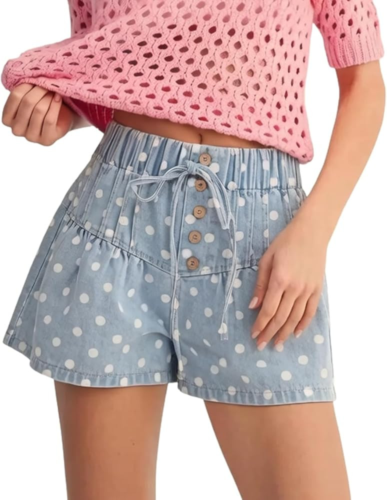 chouyatou Women Summer Polka Dot Jean Shorts High Waisted Cute Floral Elastic Waist Wide Leg Deni... | Amazon (US)