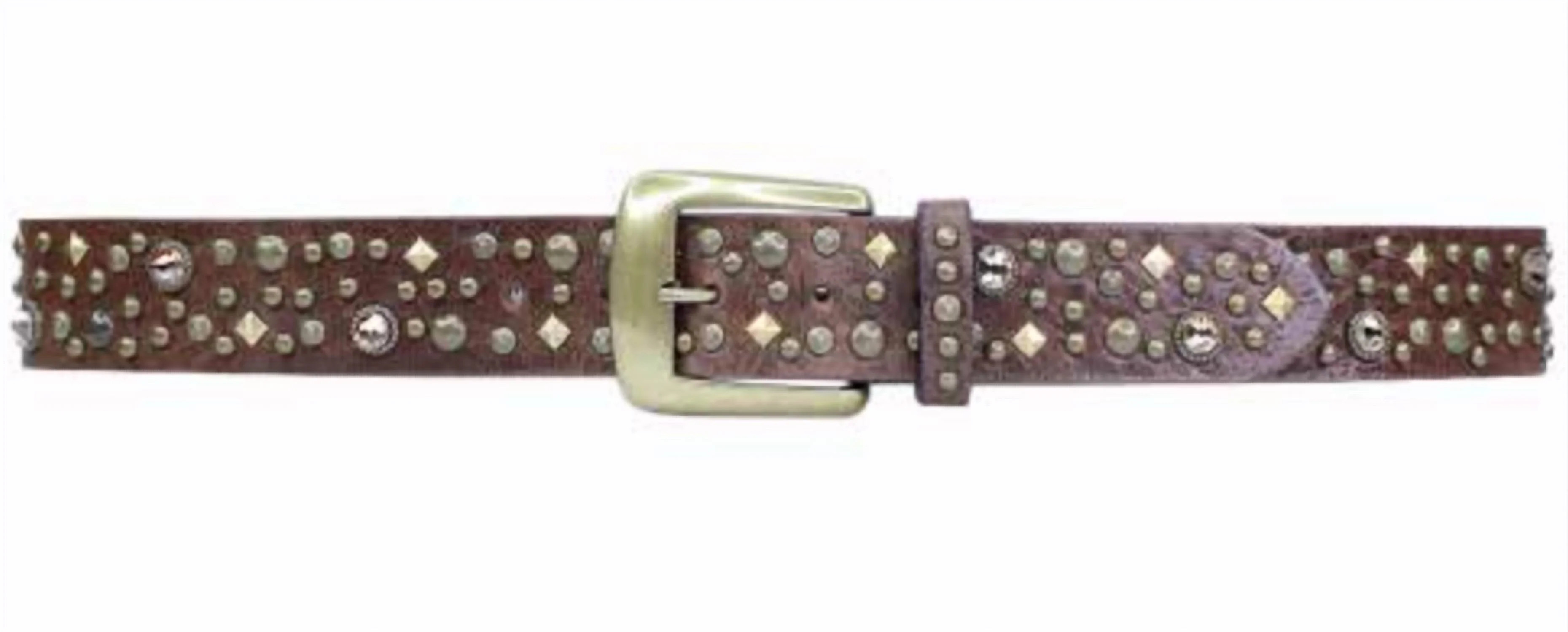 Brass Studded Leather Belt In Brown | Shop Simon