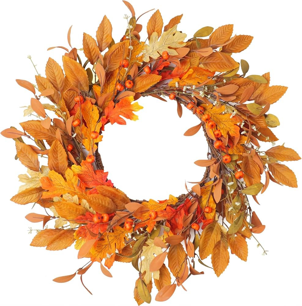 Fall Wreaths for Front Door with Small Pumpkin & Fall Leaves - 22" Thanksgiving Harvest Front Doo... | Amazon (US)