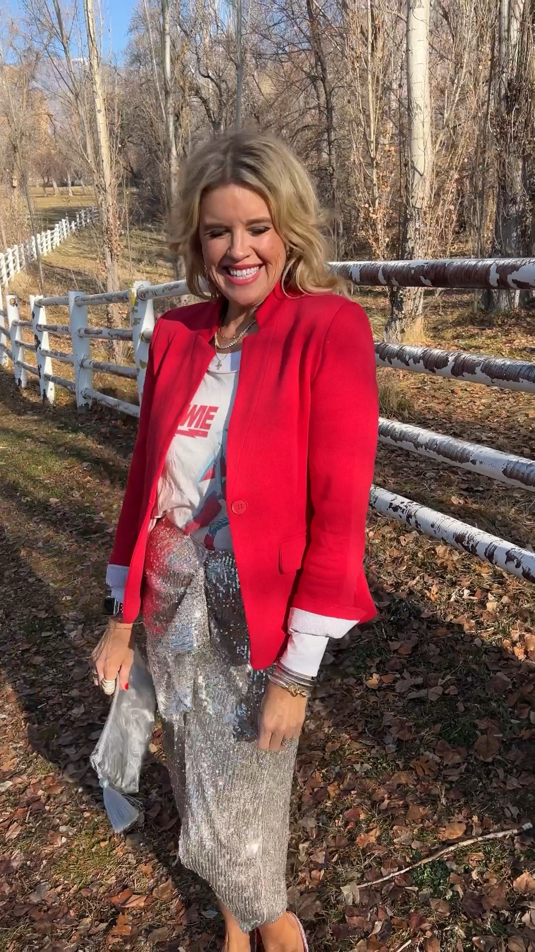 A way you can take your Holiday Festive, sparking and pretty pieces into EVERYDAY 🖤

Have fun with your wardrobe and go play with what’s in your closet & remember…. Don’t put away all of your Holiday pieces just yet!!!

My favorite blazers save 20% off with my code DARCY20  for 3 day  all colors double breasted and notch collar blazers
Fit tts  

Sequin skirt old (linked similar) 

Graphic tee David Bowie (old) linked similar 

White long sleeve  bodysuit pumiey tts 

Red satin ballet flats $30 

Silver clutch by quilted koala 

Layers chains 

Champagne earrings 

#LTKGiftGuide #LTKworkwear #LTKparties