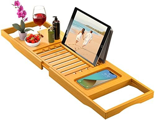 Bamboo Bathtub Tray Caddy - Expandable Bath Tray - Adjustable Organizer Tray for Bathroom - Luxur... | Amazon (US)