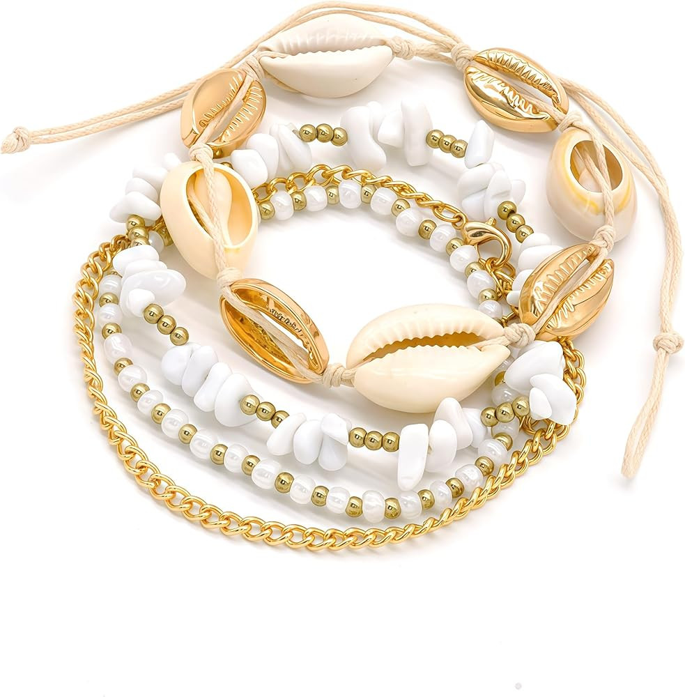Shell Ankle Bracelet Set for Women, Gold Plated Boho Bead Adjustable Anklet, Hawaiian Beach Seash... | Amazon (US)