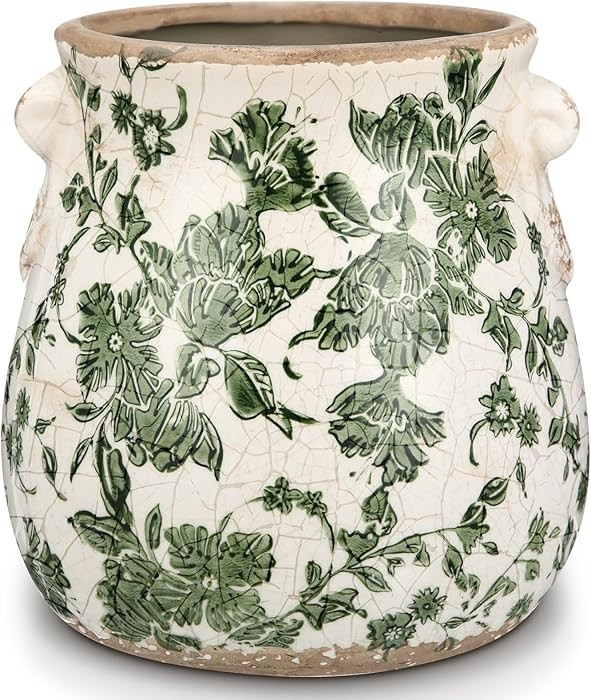 Ceramic Green Scroll Planter 6.5 Inch Chinoiserie Floral Vase with Drainage Holes Vintage Flower ... | Amazon (US)