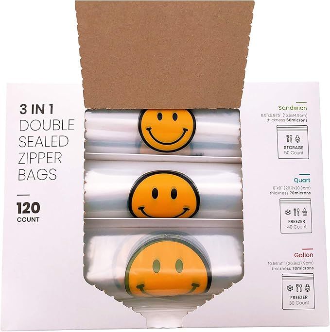 3 in 1 Bulk Double Sealed Reusable Smile Zipper Bags(Total 120 Count) - Storage Sandwich(50 Count... | Amazon (US)